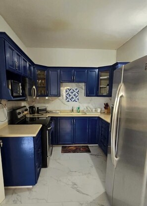 Kjøleskap, mikrobølgeovn, kokeplater og vannkoker