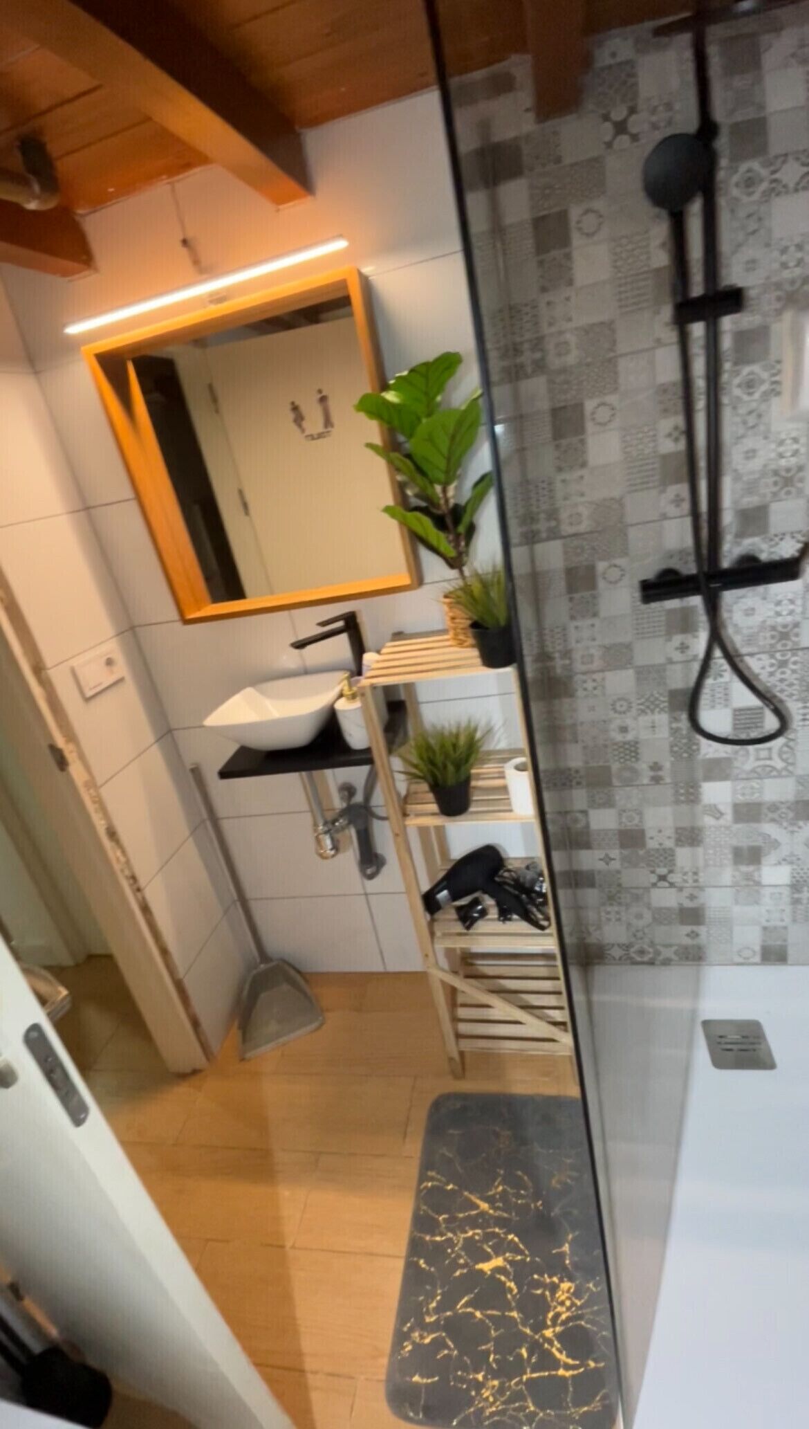 A modern bathroom with a white sink, a mirror, a shower, and a shelf with plants.