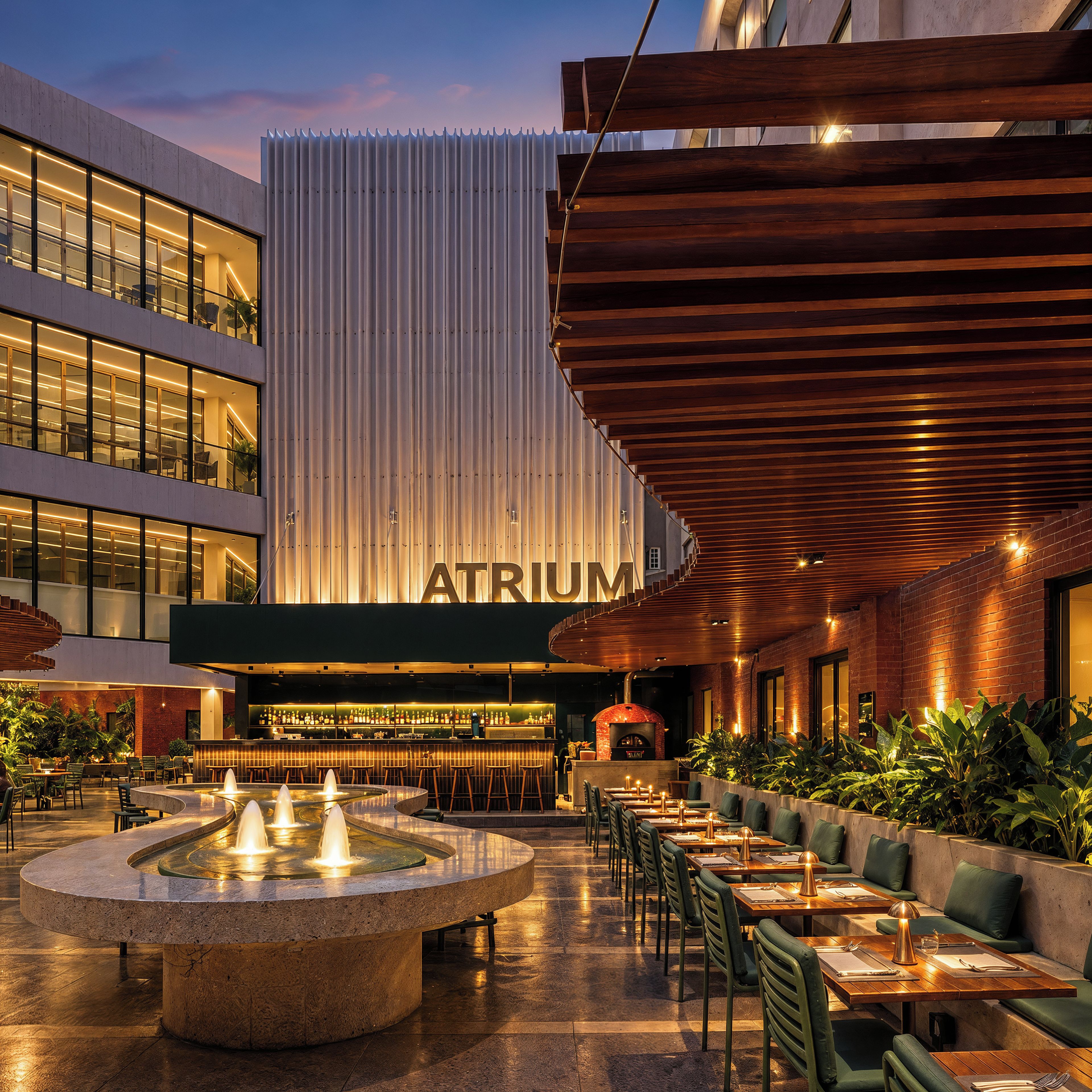 Ein Außenbereich zum Essen mit einer Bar, einem Brunnen und einem Gebäude mit der Aufschrift 'ATRIUM'.