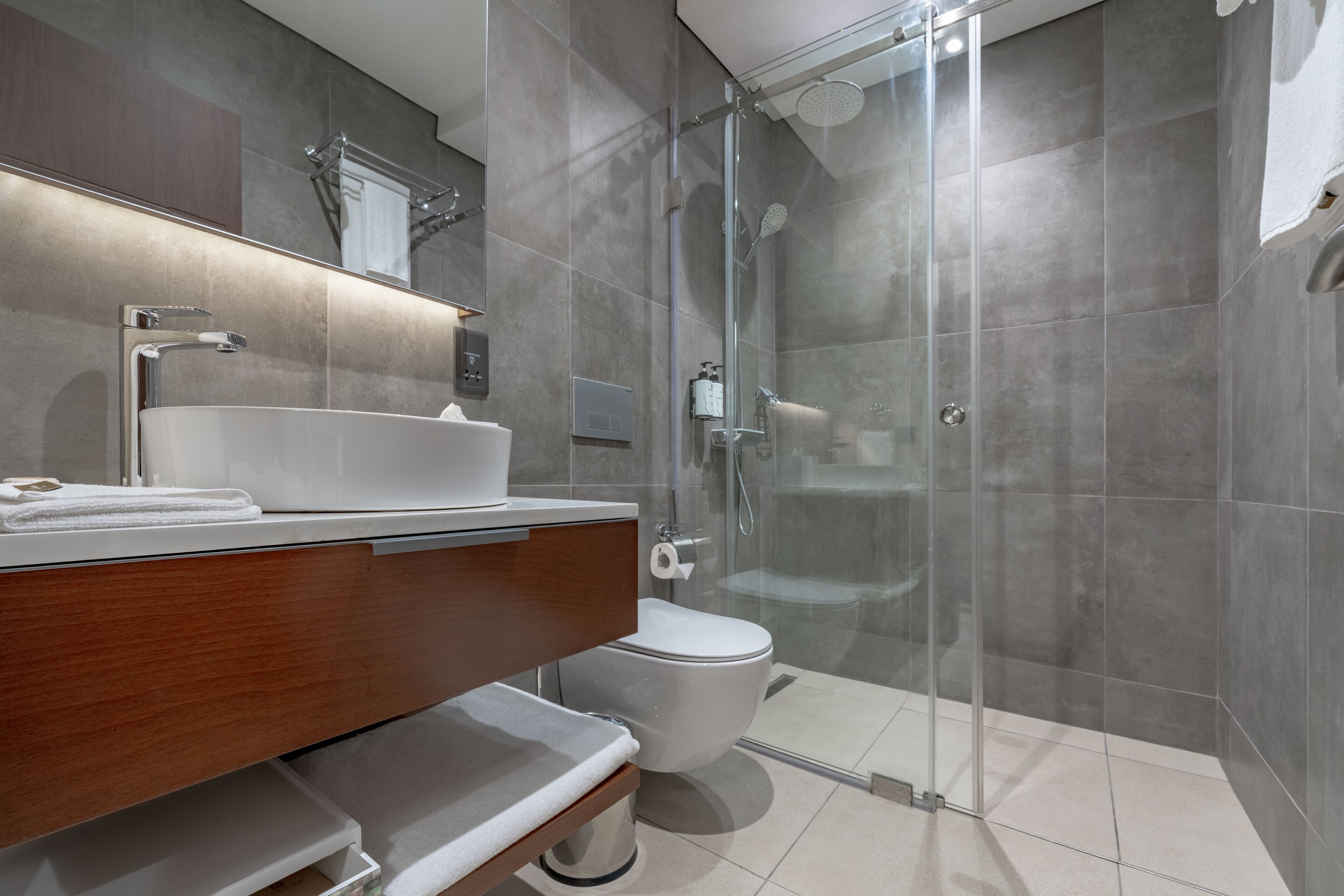 A modern bathroom with a glass-enclosed shower, a white sink, and a toilet.