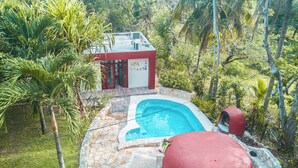Um spa com piscina rodeada por vegetação tropical.