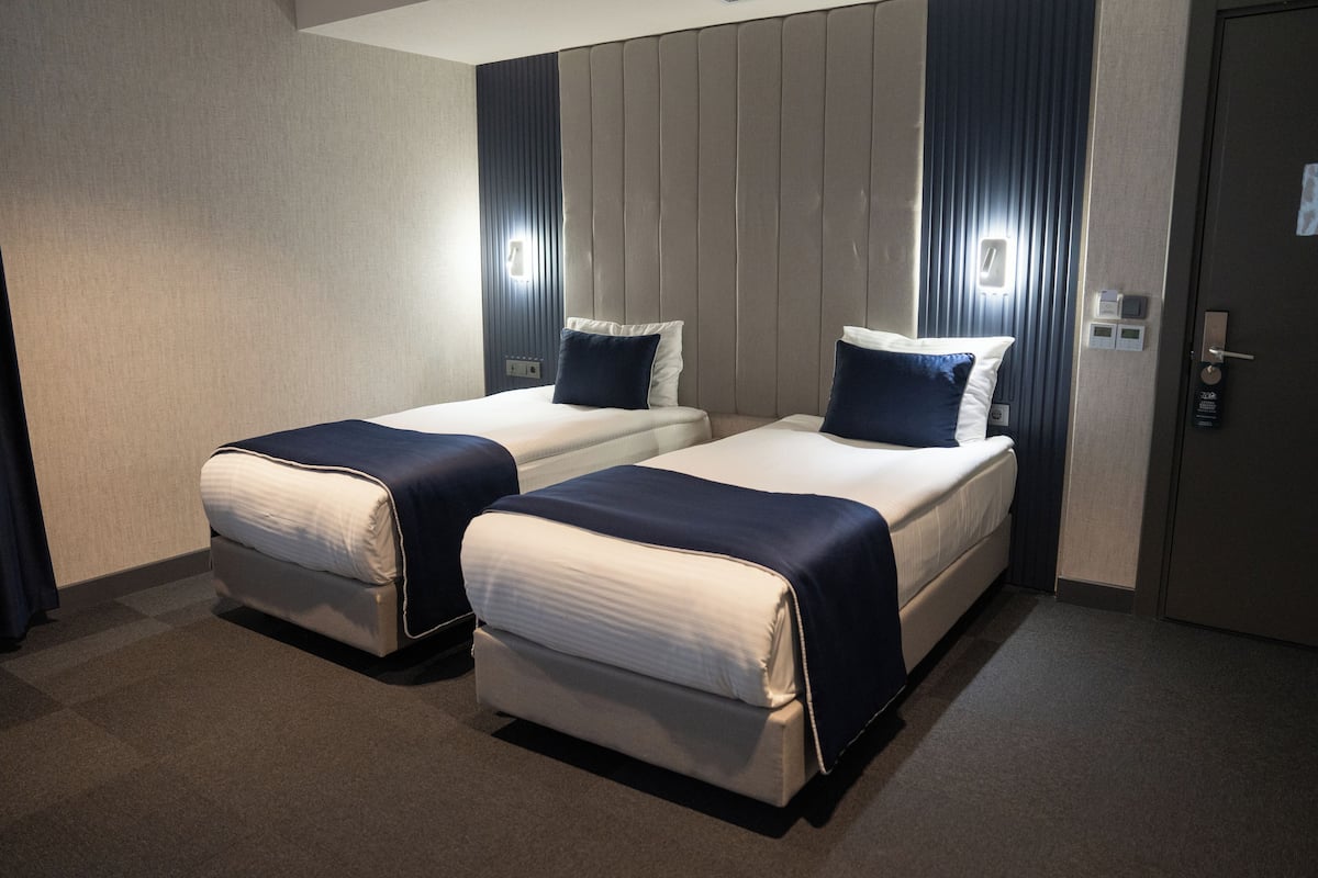 A hotel room with two single beds, each with a pillow and a blanket.