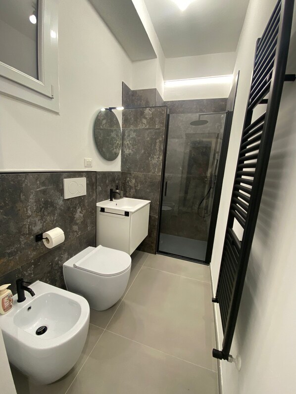 Douche, séchoir à cheveux, bidet, serviettes fournies