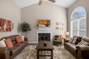 Una Smart TV, una chimenea, libros