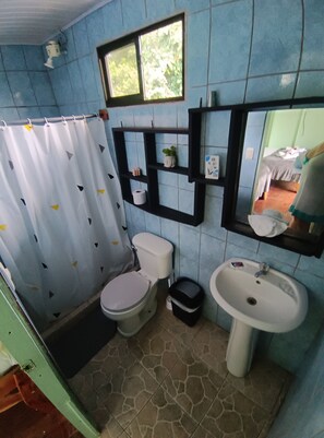 Shower, towels, soap, toilet paper