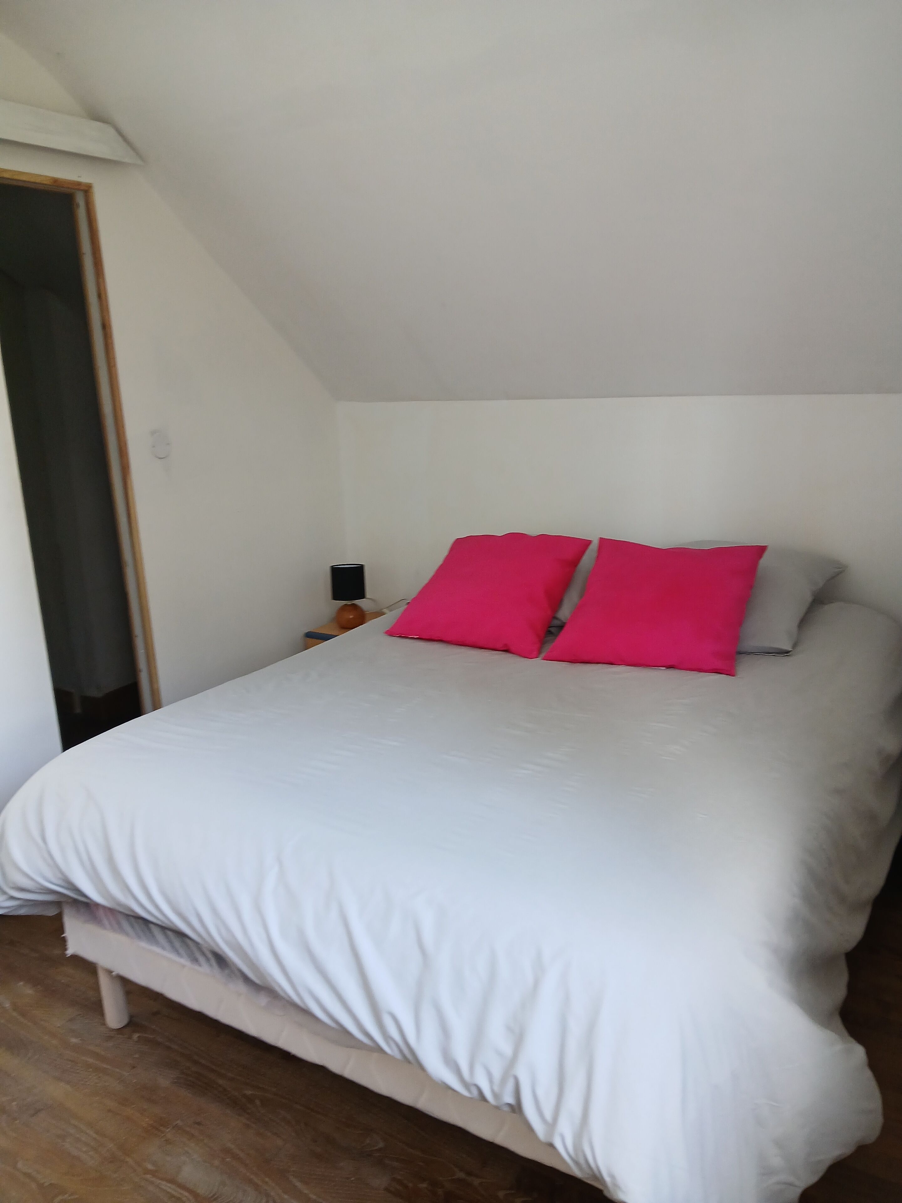 Une chambre à coucher avec un lit, des oreillers, une table de chevet et une lampe.