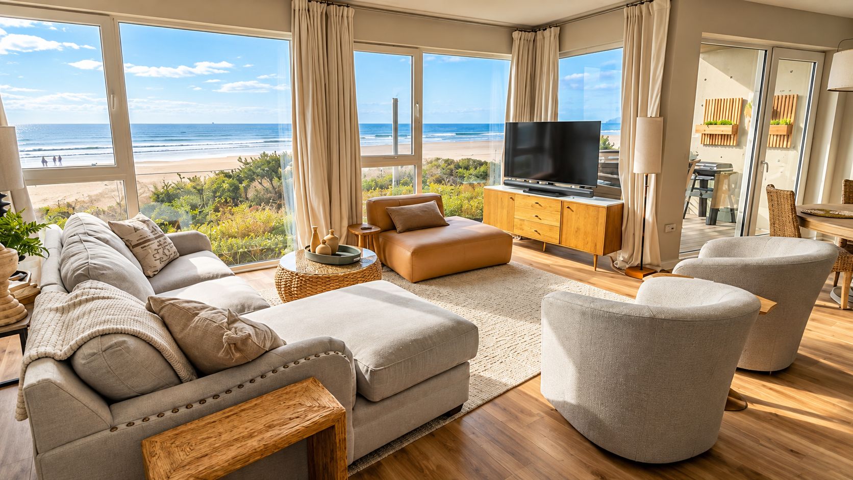 Un salon moderne doté d’une grande fenêtre donnant sur une plage, d’un téléviseur à écran plat et de sièges confortables.