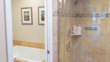 Shower, hair dryer, towels, soap