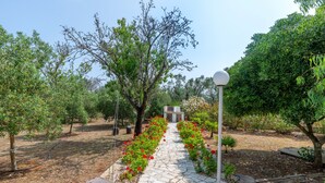 Ein Kiesweg führt durch einen Garten mit Bäumen und roten Blüten.