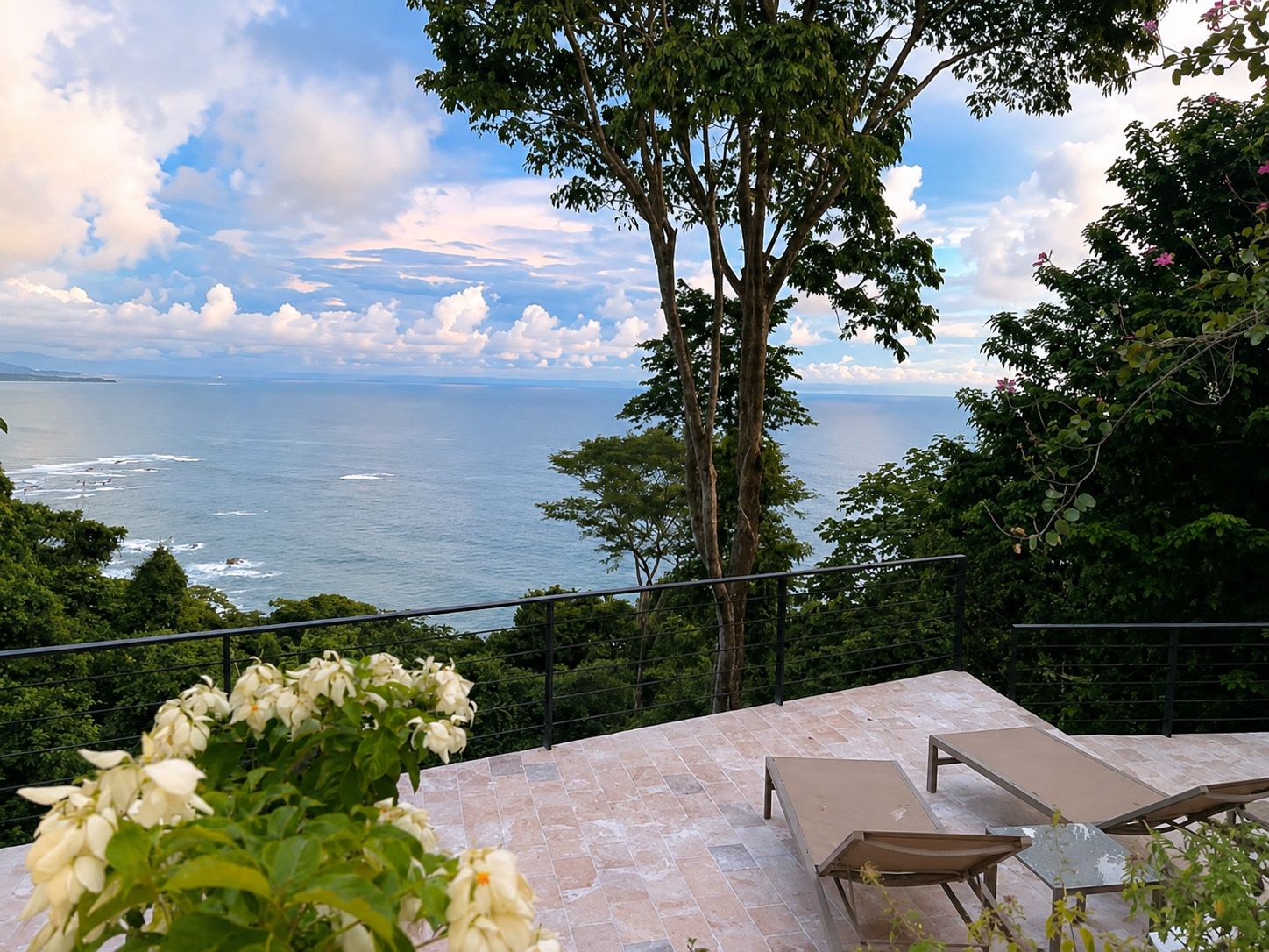 A terrace with a view of the sea and a tree in the foreground.