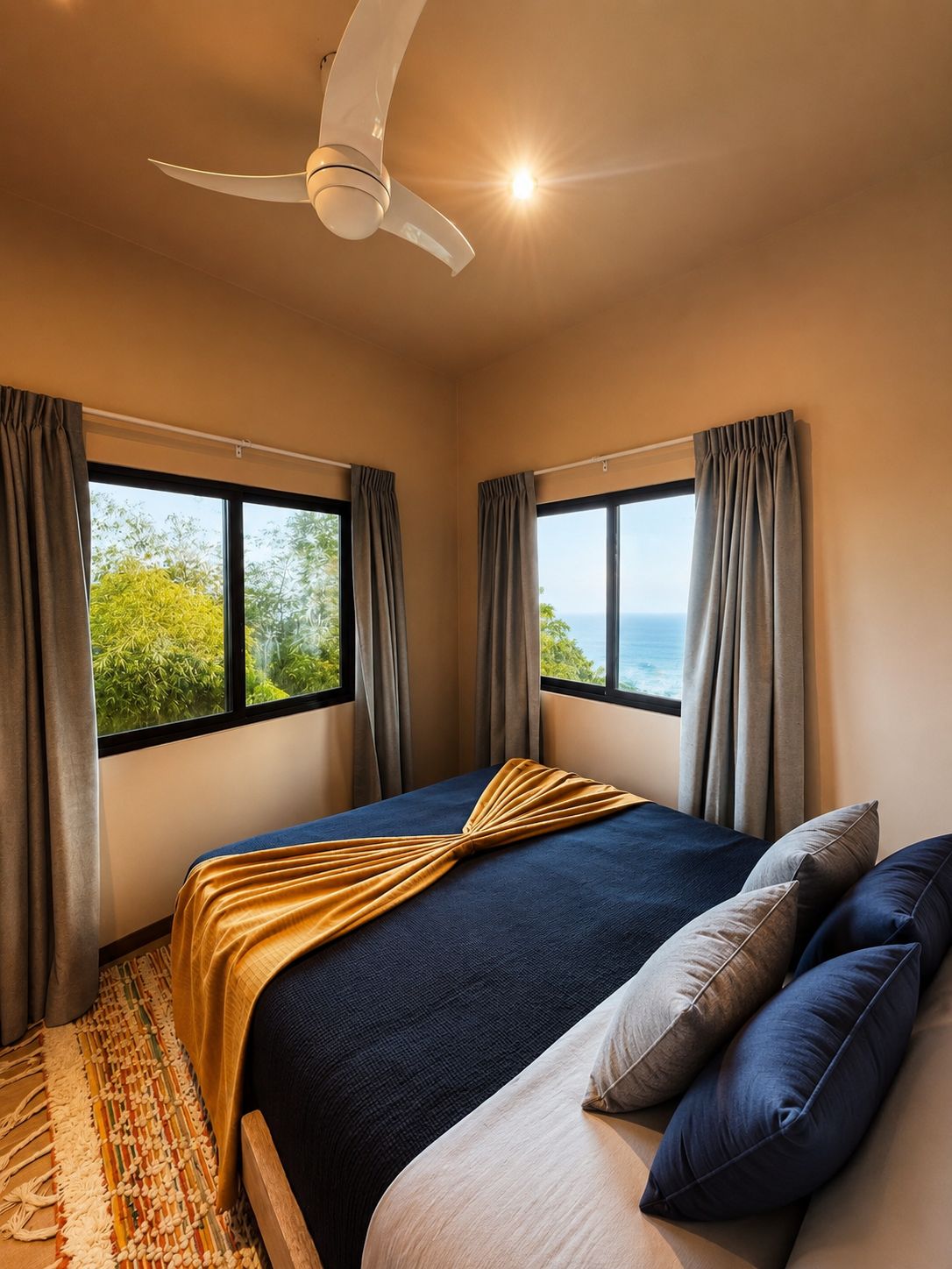Hotelkamer met een bed, gordijnen, een plafondventilator en uitzicht op zee.