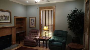 Smart TV, fireplace, books