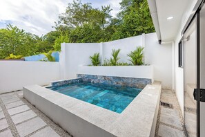 Une piscine extérieure rectangulaire, bordée de pierres, entourée d’un mur blanc et agrémentée d’un petit jardin avec des plantes.