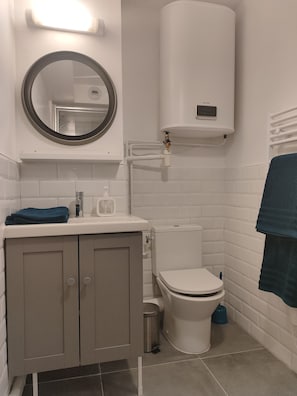 Hair dryer, towels, soap, shampoo