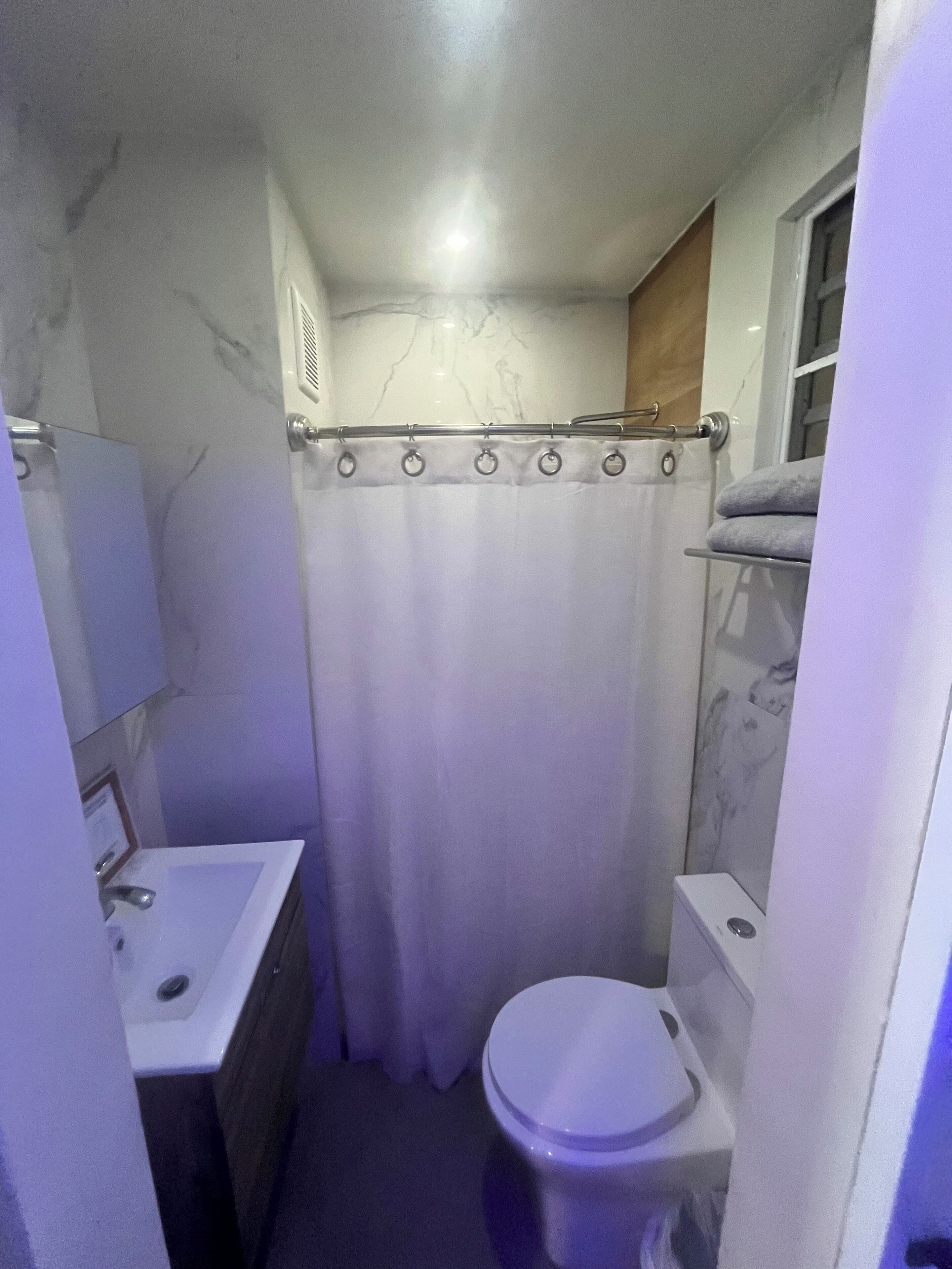 A small bathroom with a toilet, sink, and shower curtain.