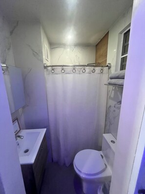 Ein kleines Badezimmer mit Toilette, Waschbecken und Duschvorhang.