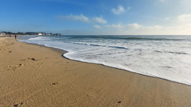 Ein Strand mit blauem Himmel, ruhiger Brandung und Fußabdrücken im Sand.