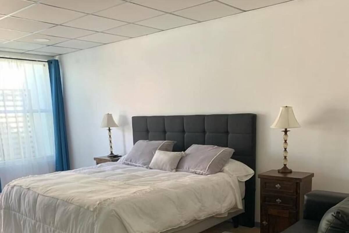 Een slaapkamer met een bed, nachtkastjes, een lamp en een bank.