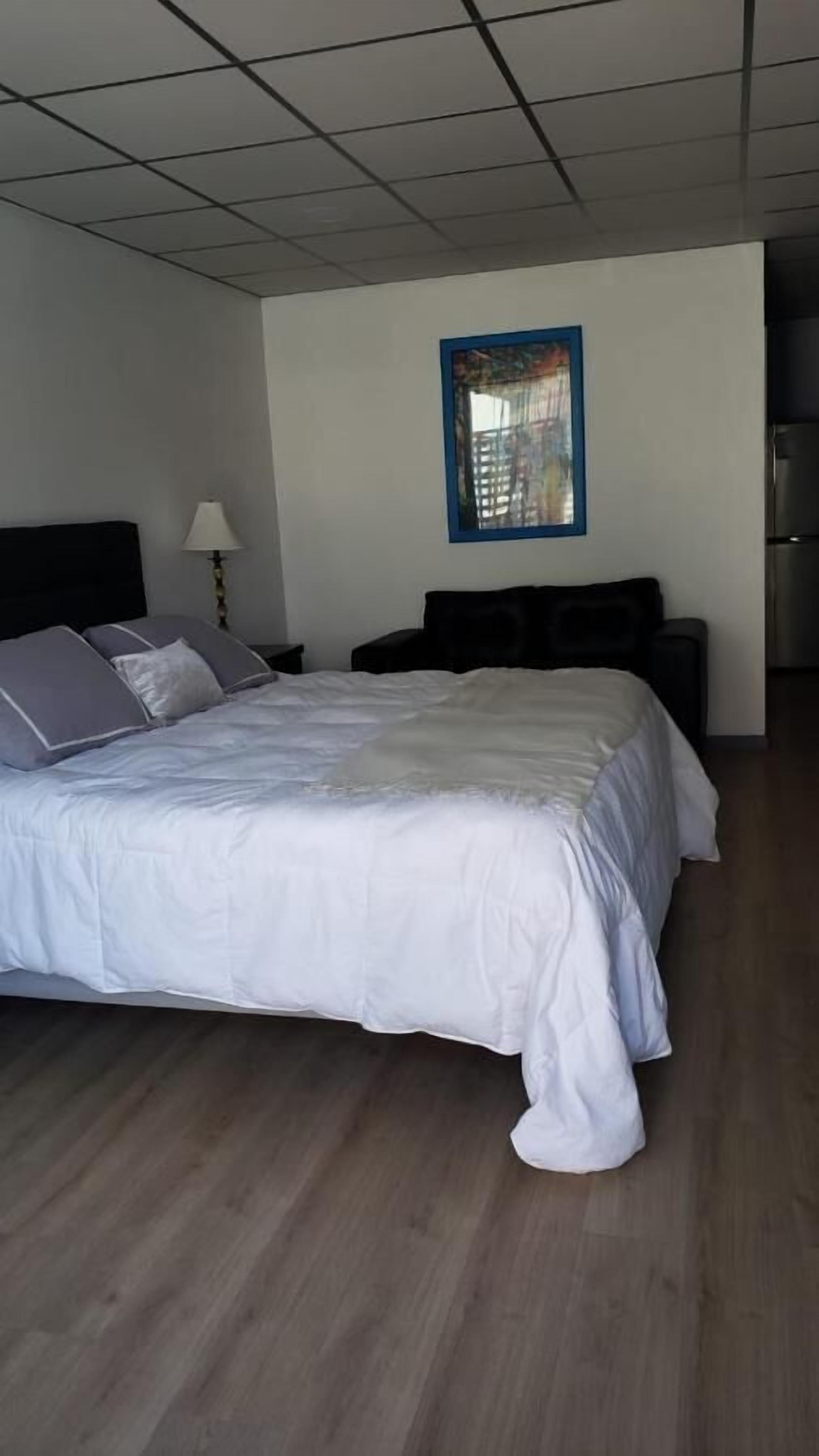 Habitación de hotel con una cama grande, cabecera, mesita de noche, lámpara, ventana con vistas y un refrigerador.