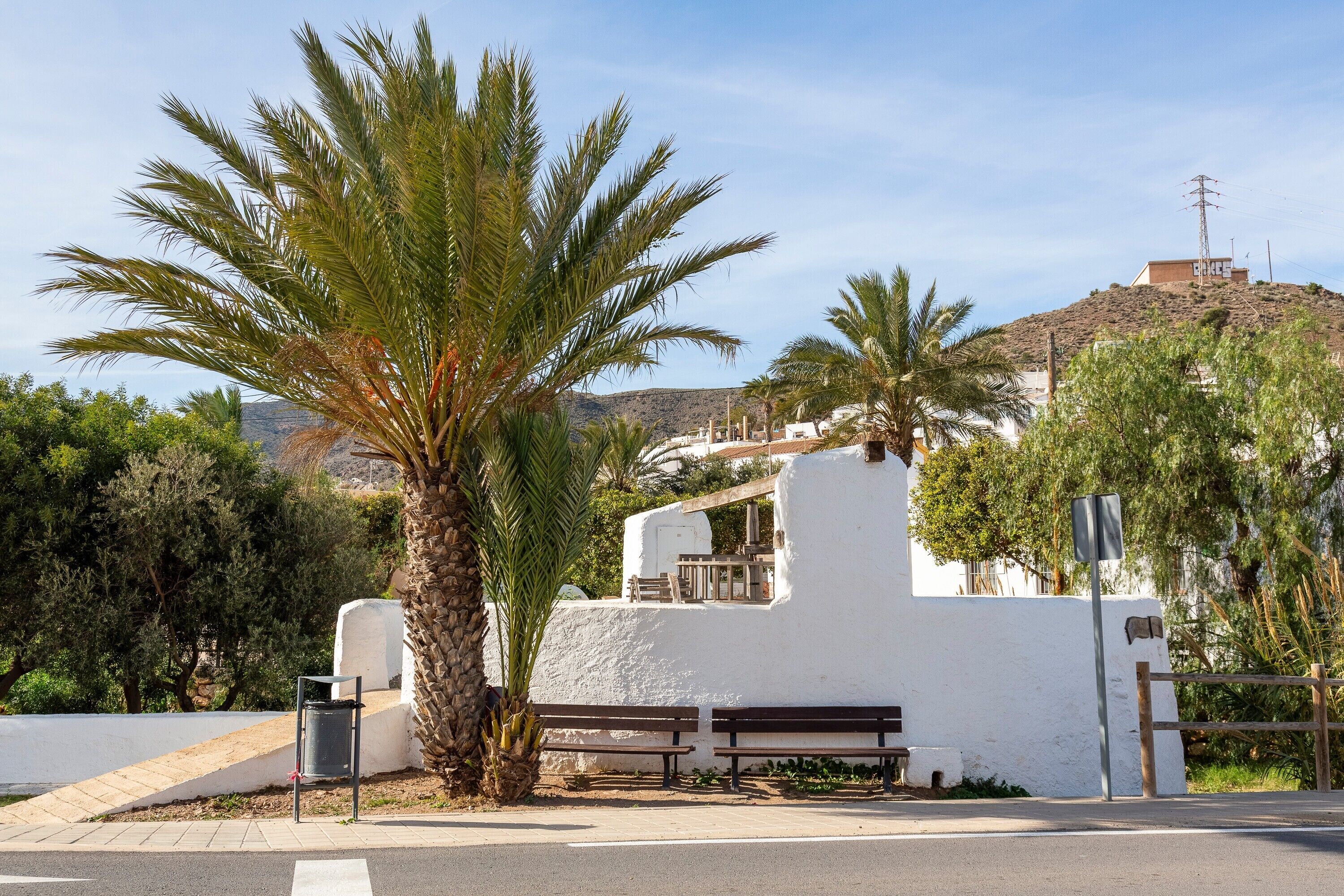 A white building with a balcony, palm trees, and a bench in front.