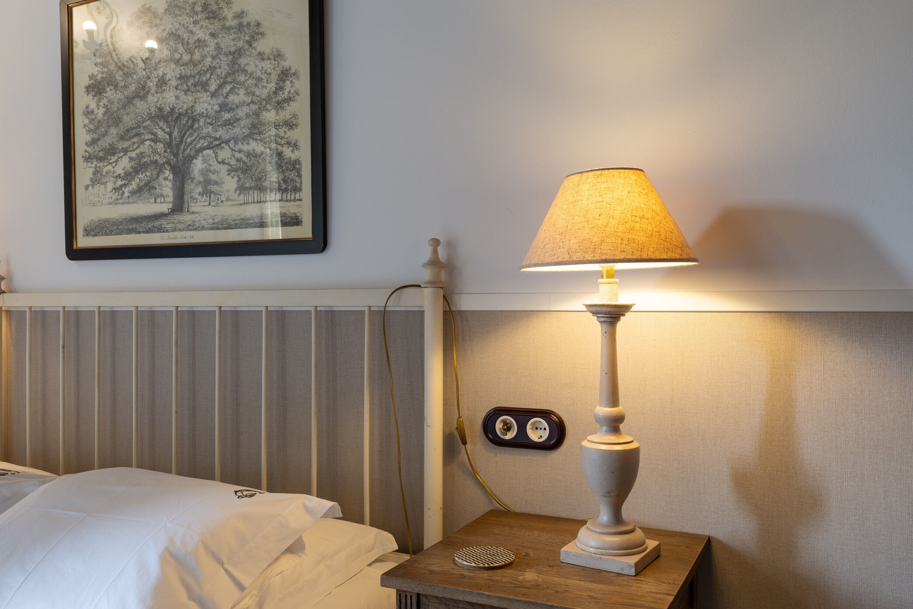 Una cama bien hecha con ropa blanca, una mesita de noche con lámpara, un enchufe en la pared y un cuadro con un árbol.