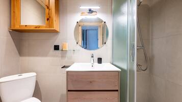 Een badkamer met toilet, wastafel met spiegel en douche.