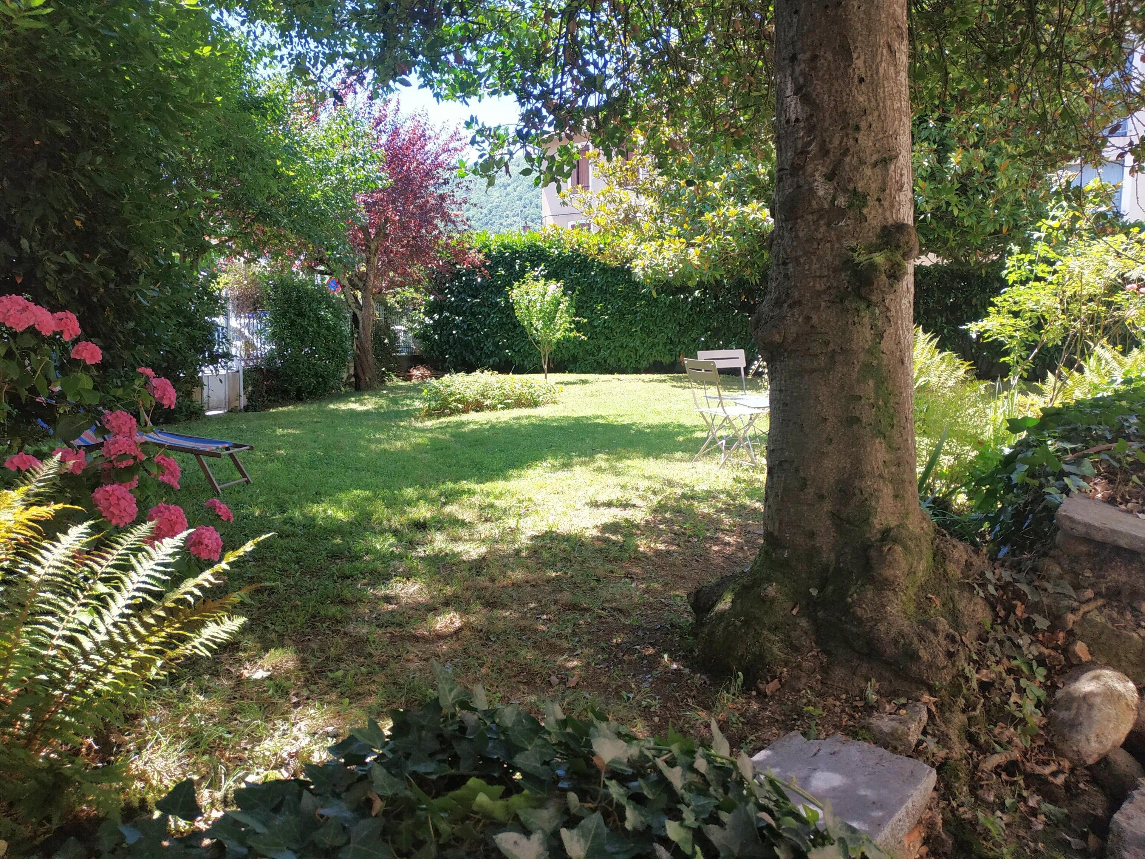 A garden with a lawn, a tree, and a small table with chairs.