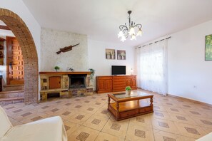 Una televisión, una chimenea