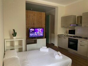 A hotel room with a bed, a TV, a small plant, a kitchenette, and a bathroom visible through an open door.