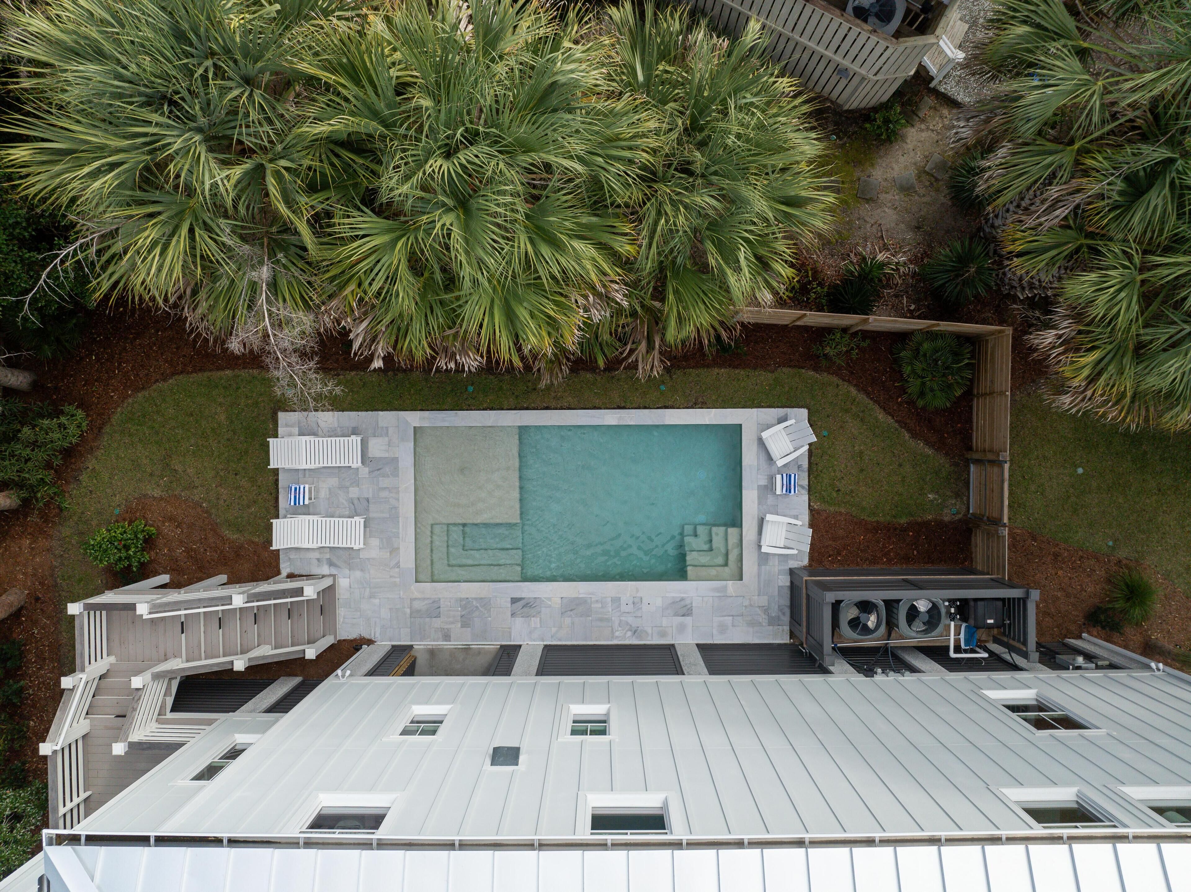 A rooftop pool with a stone deck, surrounded by palm trees and a wooden deck with lounge chairs.