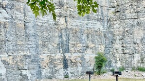 A picnic table in a grassy area with a rocky cliff in the background.