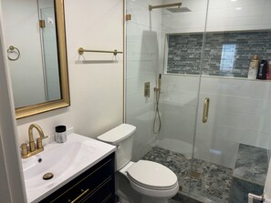 Hair dryer, towels, soap, shampoo