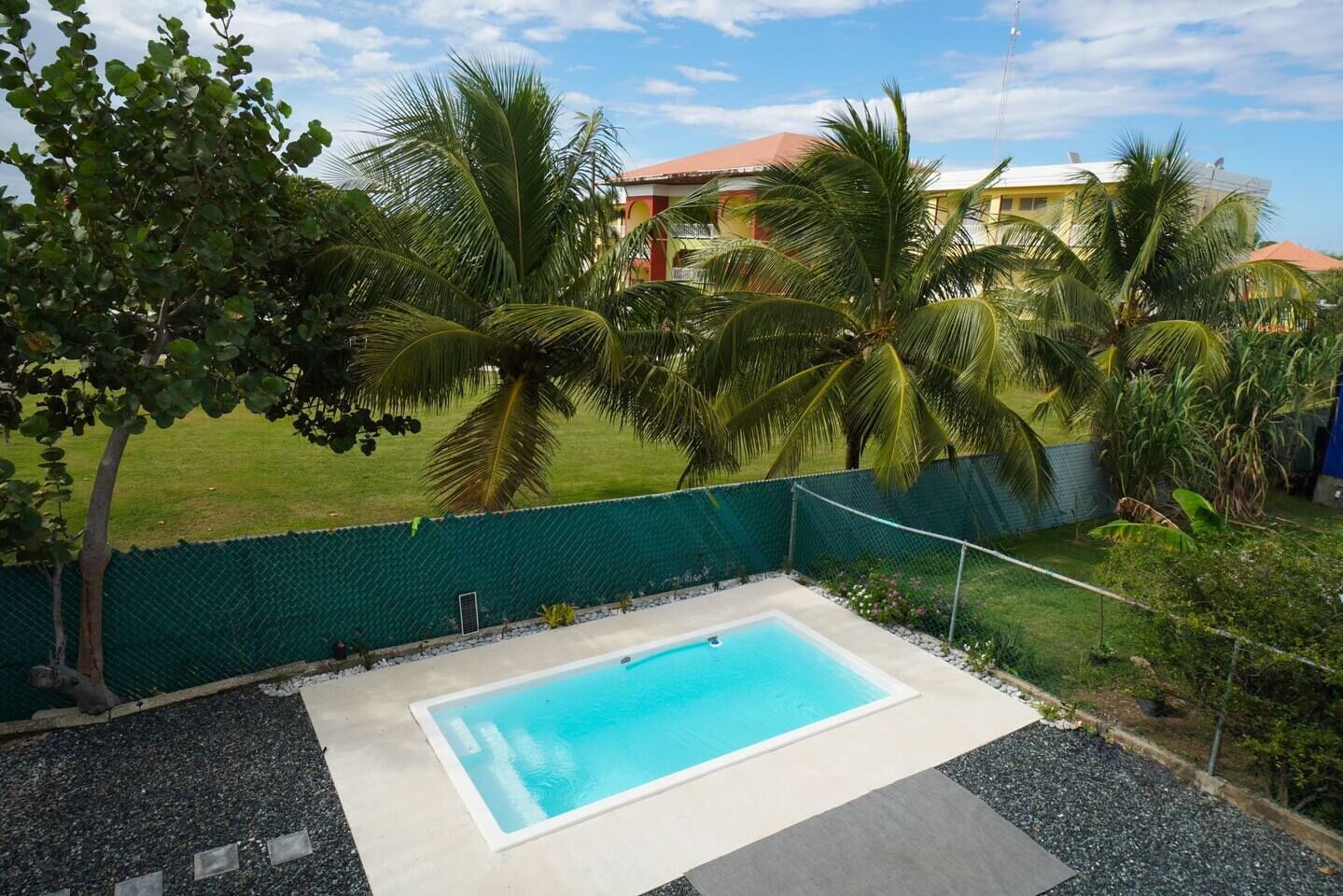 Una piscina rettangolare con superficie d'acqua cristallina e blu, circondata da una recinzione verde e palme.