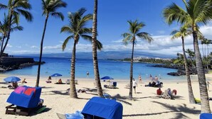 Ein Strand mit Palmen, Sonnenschirmen und Liegestühlen.