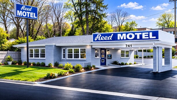 Een motel met een blauw bord, het nummer 741, en een overdekte parkeerplaats.