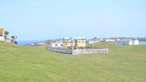 A coastal property with a wooden playhouse, a fenced yard, and houses in the background.