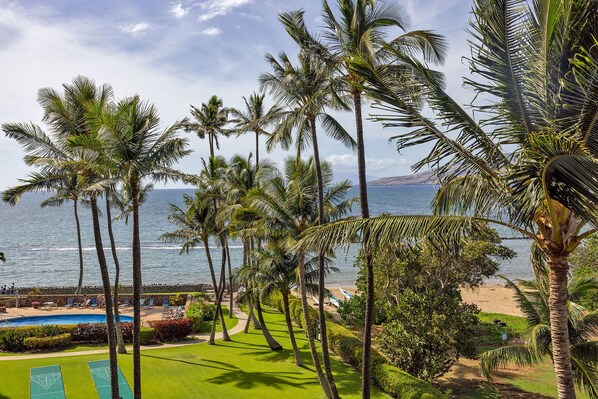 A pool area with a view of the ocean, surrounded by palm trees.
