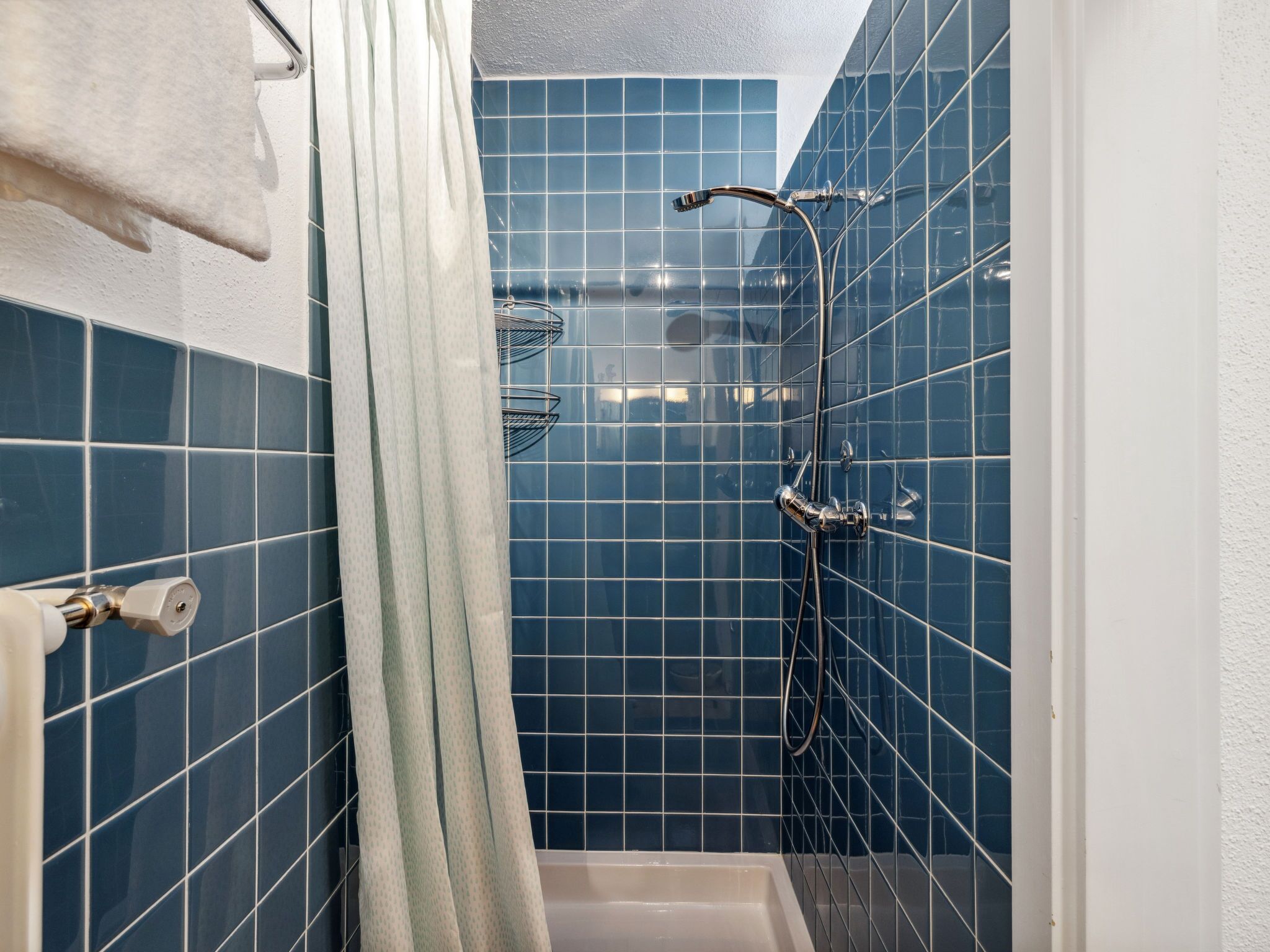 Ein Badezimmer mit blauen Fliesen, einer Dusche und einem Handtuchhalter.