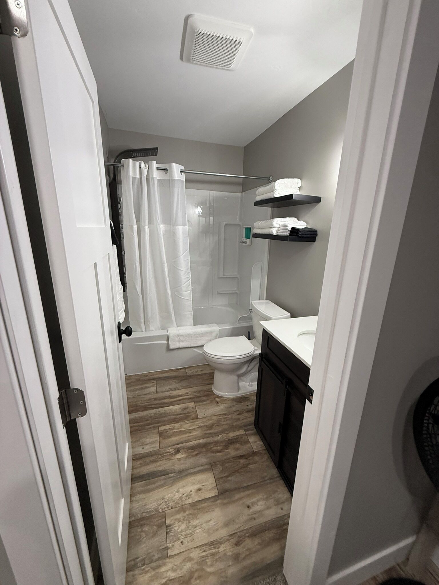 Hair dryer, towels, soap, shampoo
