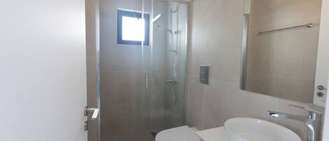 A modern bathroom with a glass-enclosed shower, a white sink, and a large mirror.