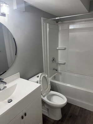 Hair dryer, towels, soap, shampoo