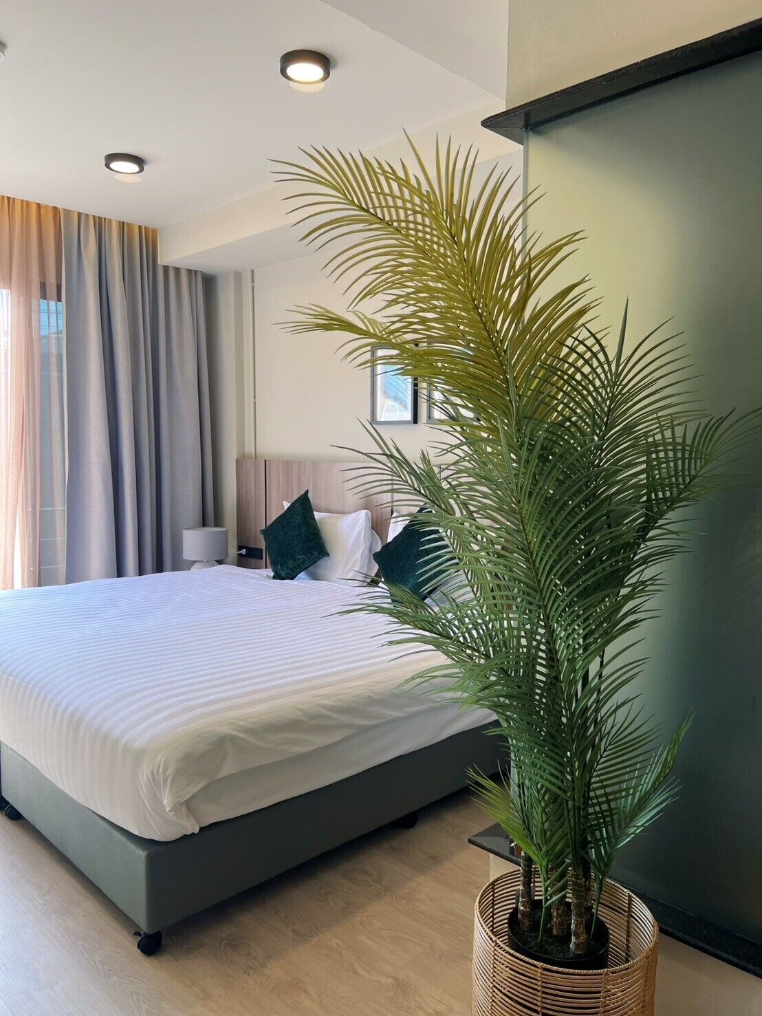 A modern bedroom with a large bed, a potted palm plant, and a view of a cityscape through the window.