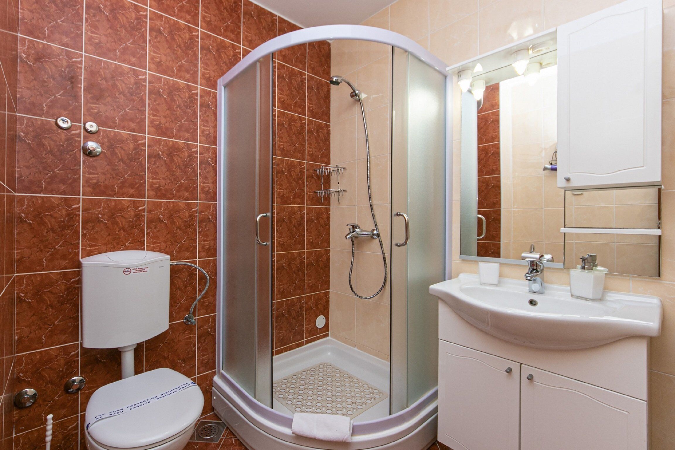 A bathroom with a glass-enclosed shower, a toilet, a sink, and a mirror.