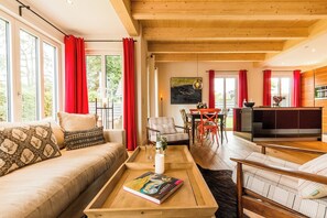 Televisie, een open haard, boeken en een filmbibliotheek