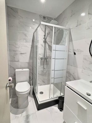 Shower, hair dryer, toilet paper