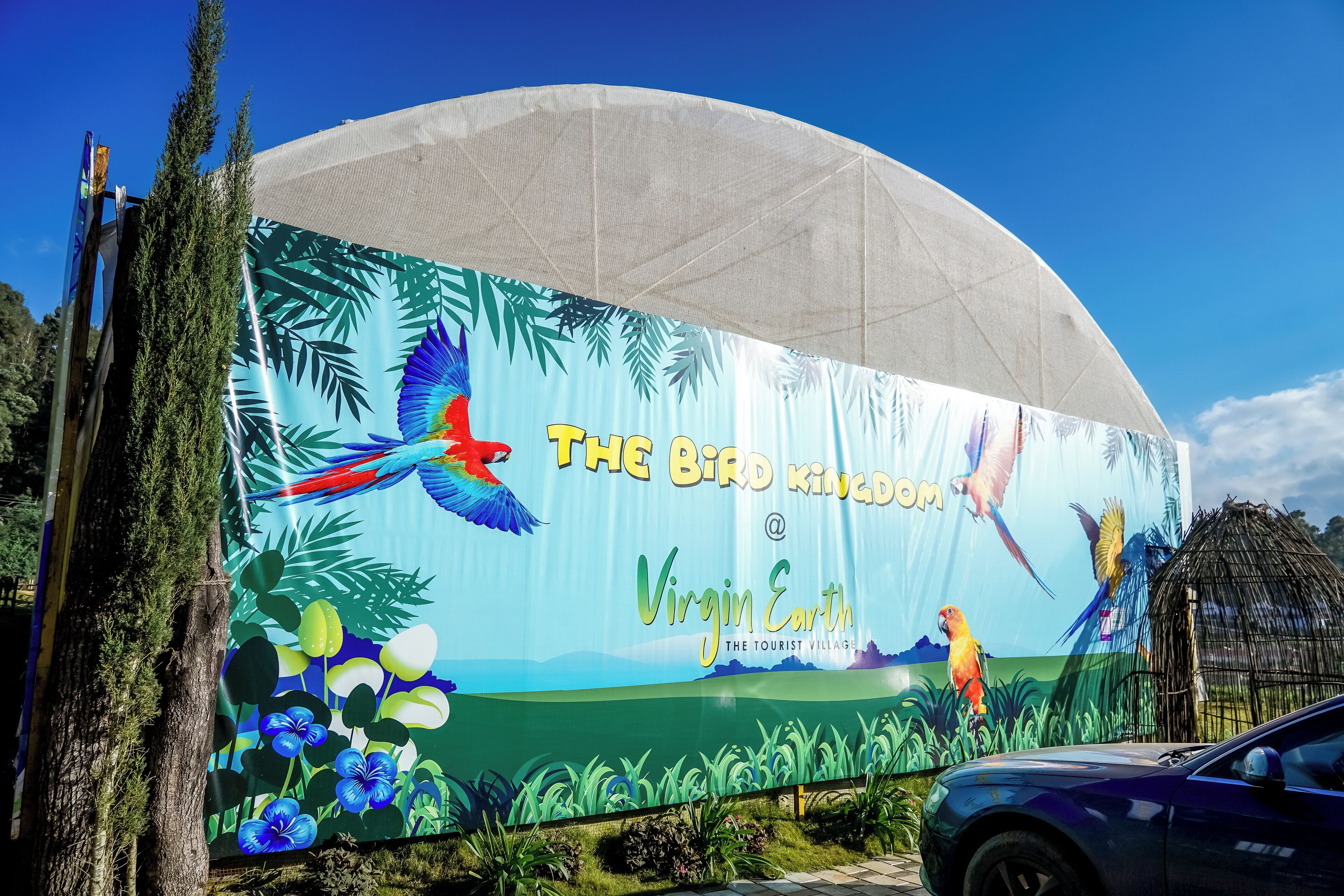 A large outdoor billboard advertising 'The Bird Kingdom' at Virgin Earth, featuring tropical birds and greenery.