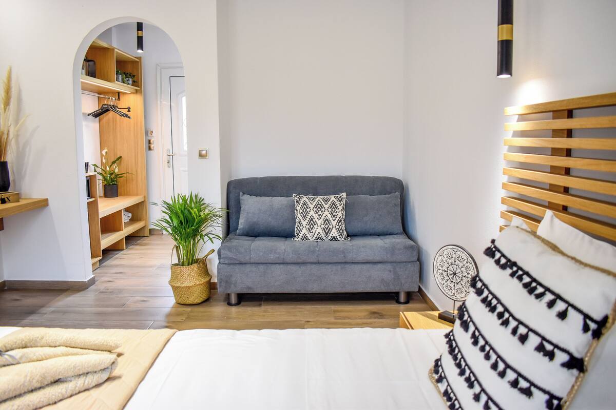 A modern bedroom with a grey sofa, a bedside table, a bedside lamp, a bed with white bedding, a wooden headboard, a small potted plant, and a hallway leading to a wooden closet.