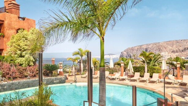 Un espace piscine avec des chaises longues, un palmier et une vue sur la mer.