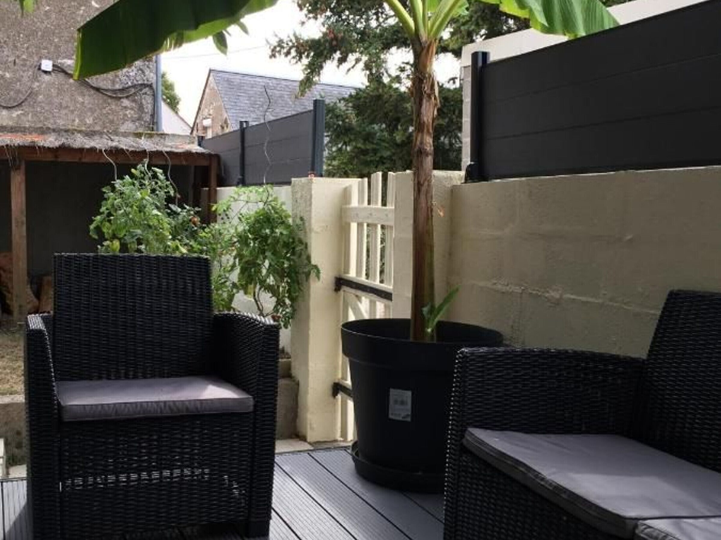 Un patio con mobiliario de mimbre, una planta en maceta y una estructura con techo de paja.