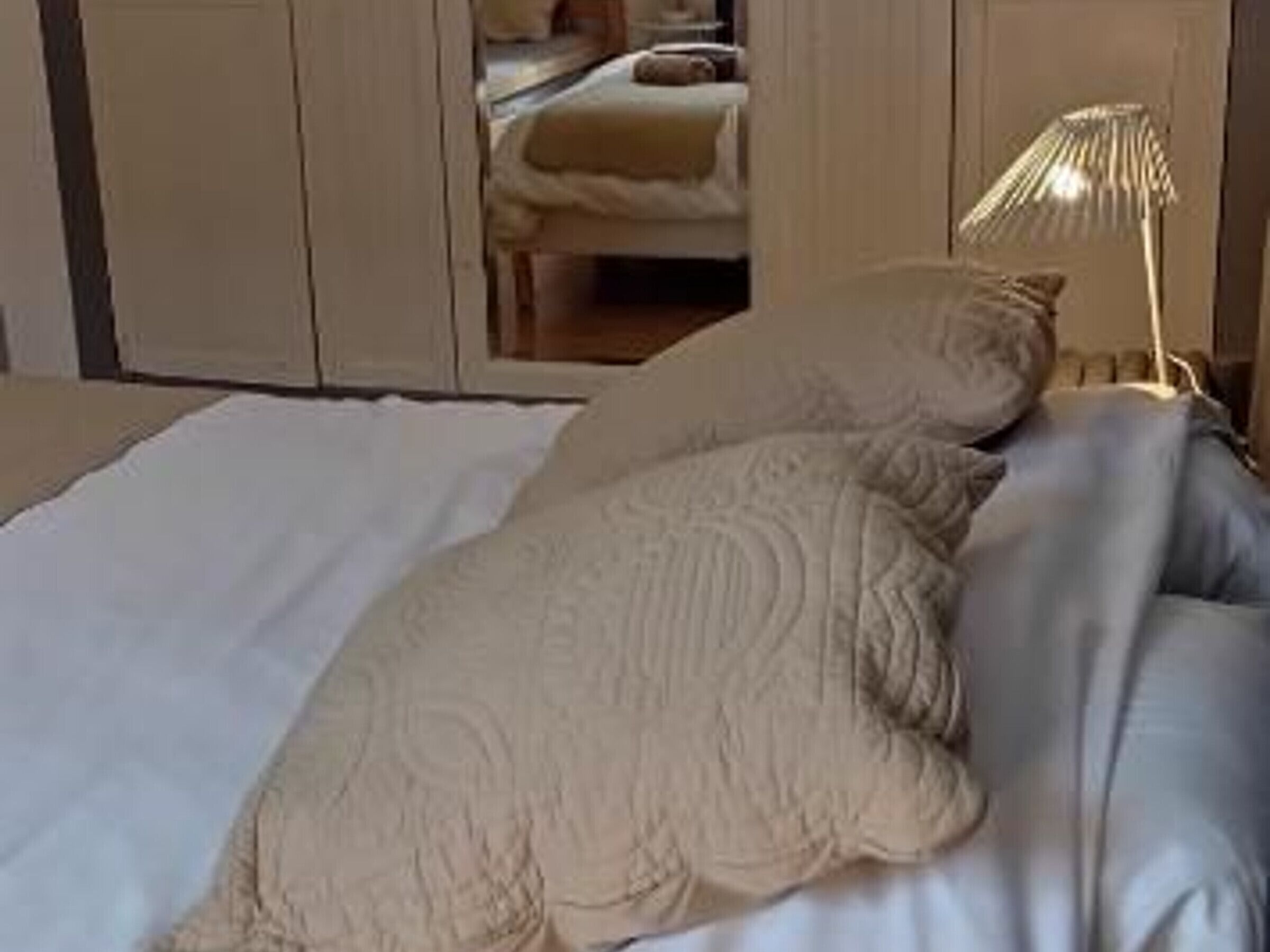 A bed with a beige blanket and pillows, a bedside lamp, and a wardrobe in the background.